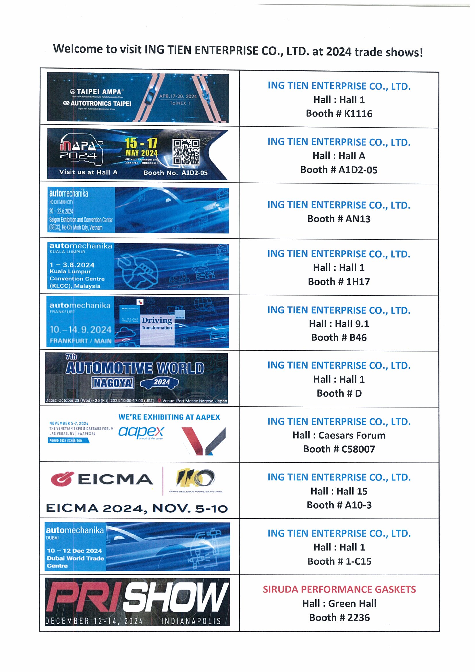 Welcome to visit ING TIEN ENTERPRISE CO., LTD. at 2024 trade shows!