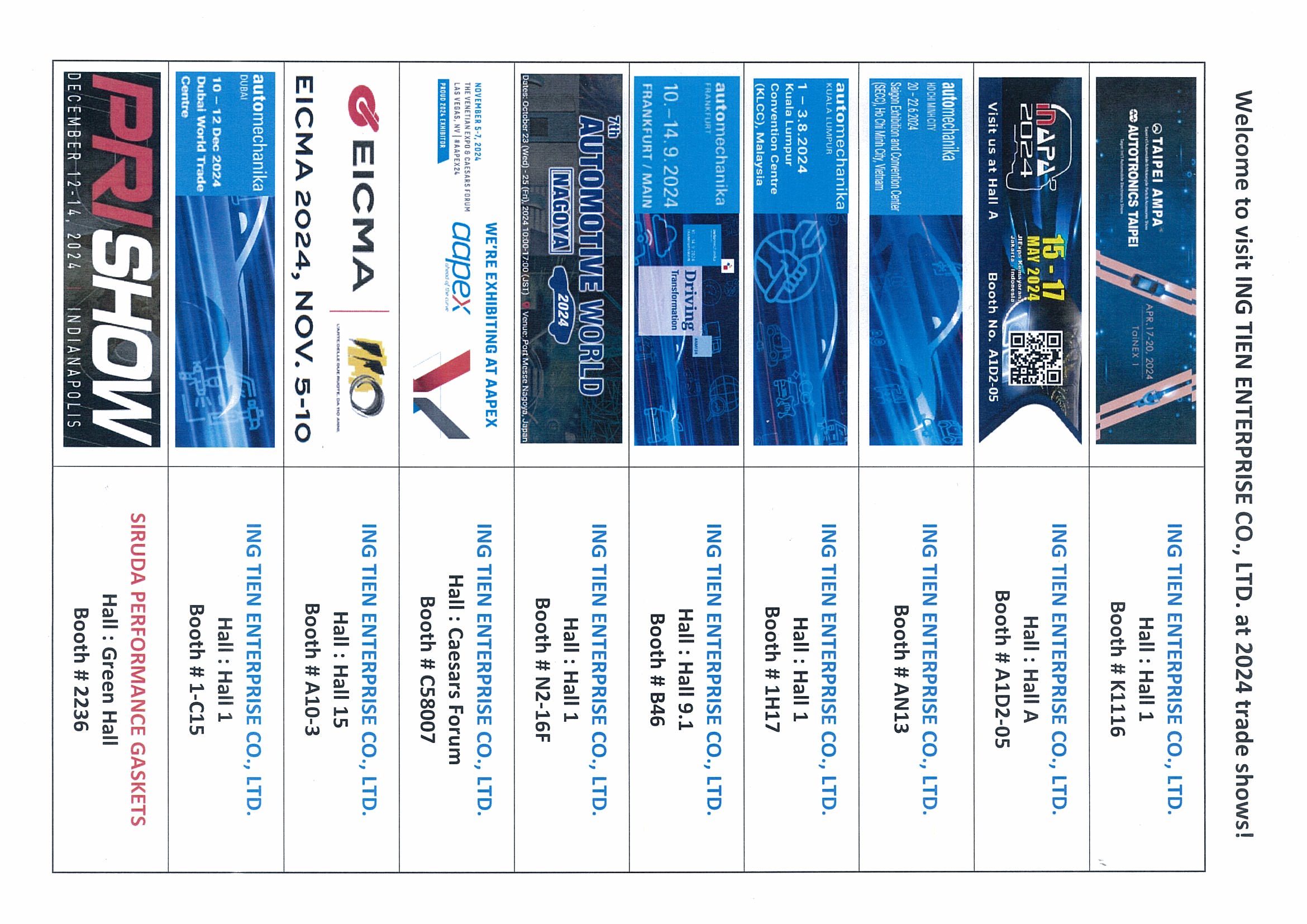 Welcome to visit ING TIEN ENTERPRISE CO., LTD. at 2024 trade shows!